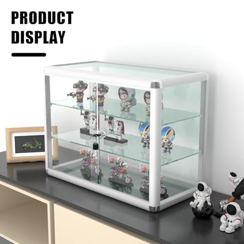 HUZJIEHUI 24" W x 18" H x 12" D Silvery Aluminum Tempered Glass Countertop Display Case - Durabletable Top Display Case,Clear Display Cabinet for Retail, Home & Office Use - Thumbnail 4