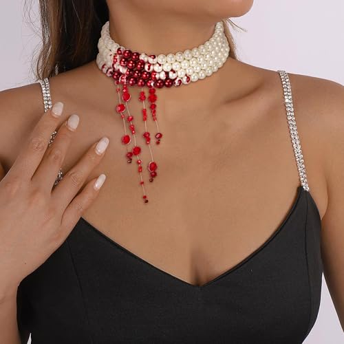 Flyonce Dripping Blood Choker Necklace, Cream Imitation Pearl Vampire Kiss Necklaces Halloween Bloody Costume Jewelry for Cosplay Party4