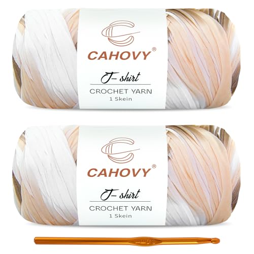 CAHOVY 2 Pack T-Shirt Yarn Crochet Yarn for Beginner Crochet Bags/Basket/Coaster,400g/110yds High Elastic Polyester Thick Tshirt Brown&White