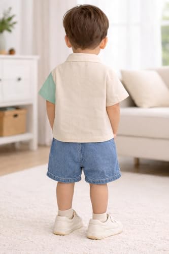 Image of Bold N Elegant Kids Summer Cotton Half Sleeve Dinosaur Collar Shirt n Denim Shorts for Infant Toddler Boys Smart Casual Clothing Set