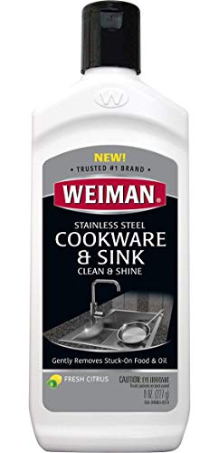 Weiman Stainless Steel Sink and Cookware Cleaner and Polish - (Packaging May Vary) Non-abrasive Formula Gently Restores Luster and Shine to Appliances - Removes Tough Stains and Protects - 8 Ounce