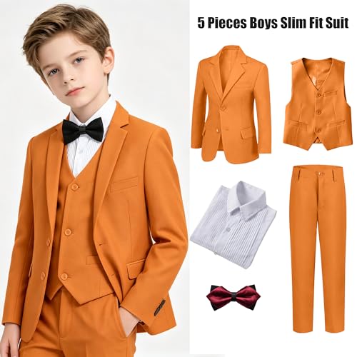Image of Boys' Formal Suit 5 Piece Slim Fit Suits for Boy Kids Tuxedo Toddler Wedding Ring Bearer Outfit Teen Communion Dress