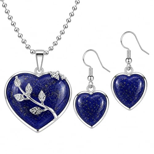 Image of Lapis Lazuli Heart Necklace and Earrings Set for Women – Natural Blue Gemstone Jewellery – Ladies Silver Tone Pendant & Matching Drop Earrings – Best Birthday, Anniversary & Valentine Gift Boxed