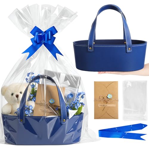 Wonderjune Baskets for Gift Empty Leather Gift Bags with Ribbons Greeting Cards Empty Baskets with Handles for Thanksgiving Birthday Baby Shower Party Favors(Blue)