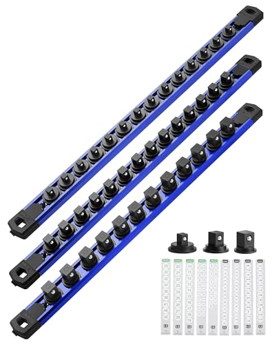 Image of ALOANES Magnetic Socket Organizer Set, 3-Piece Heavy Duty Aluminum Socket Rails, 360 Swivel Clips Socket Rail Kit for Tool Tray Drawer Fit 1 /2, 3 /8, 1 /4-Inch x 40 Clips (Blue, 3PC)