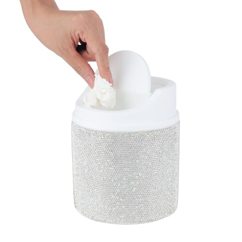 Image of KEYPOWER Bling Rhinestone Mini Plastic Trash Can Cute Small Waste Can with Swing Lid,Suitable for Home Countertop,Car,Table Desk,Office (White)