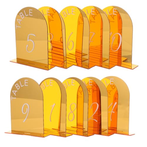 Números de mesa para boda de acrílico dorado con soporte elegante en arco pack de 10
