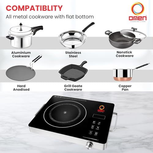Image of Omen Changing Lives 2000W Infrared Cooktop With Stainless Steel Grill Rack | Crystal Glass | Touch Control | Digital Display | 3 Preset Menus | Adjustable Temperature Knob | 1 Year Warranty (Silver)