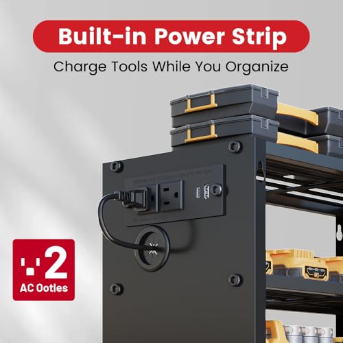 Image of 4-Tier Power Tool Organizer, Built-in 2-Outlet Charging Station for Small Garages,400lb Capacity 12mm Steel Drill Holder & Battery Storage for DIY Workshops (4 Slots with 2 Outlets Power Strip)