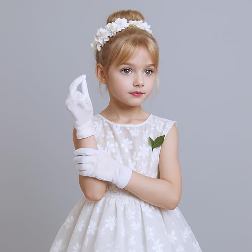 White Gloves for Girls, Satin Princess Gloves for Holiday and Pageant, Wrist Length, Small (4-14 Years)4