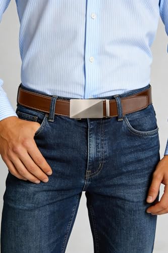 Image of Founders & C Mens Belt 2 Pack,Leather Ratchet Click Belt Dress with Slide Buckle 1 3 /8 inch in Gift Set Box- Size Adjustable