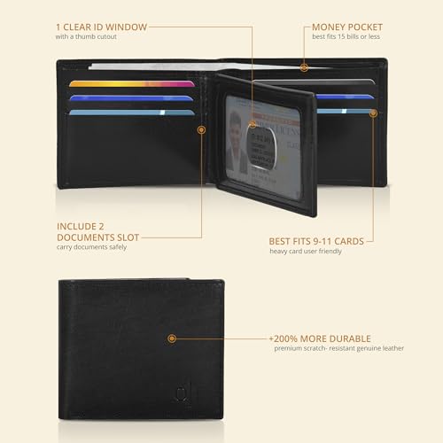 Image of Oak Leathers Leather Wallet for Men - RFID Bifold Wallets with 9 Credit Cards 1 ID Window Slim Minimalist Front Pocket Gift For Men