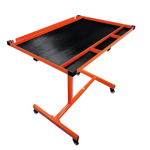 Image of Eisen Mechanics Rolling Work Table, Adjustable Mobile Tray Table for Shop, Garage, DIY. Tool Tray Cable with Wheels. 220 lb. Capacity, Orange