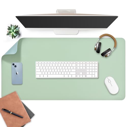 Image of AROPANA Vegan Leather Desk Mat | Large Reversible Mouse Pad & Computer Table Protector | Dual-Side Waterproof Extended Laptop Pad with Edge-Stitched Design (90x45CM, Light Green and Blue)