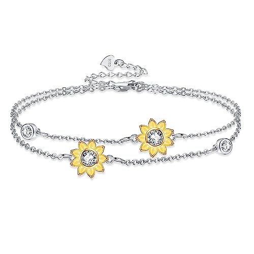 YAFEINI Sunflower Bracelet 925 Sterling Silver Layered Charm Bracelet Sunflower Jewelry for Women