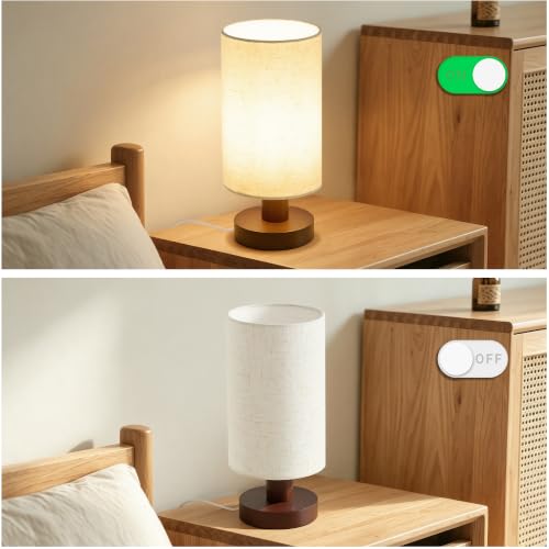 Image of Bedside Lamps Set of 2, Bamboo Small Table Lamp for Nightstand | 10'' Minimalist Nightstand Lamps for Bedroom, Modern Desk Lamp for Living Room, E26, Walunt, Linen Shade