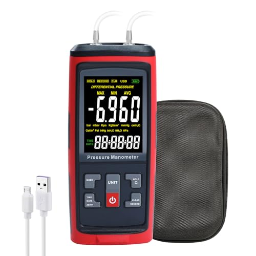 Manómetro de datos digital Manómetro medidor de presión de gas con rango de medición ± 200 inH2O, manómetro de presión diferencial, 13 unidades seleccionables, manómetro HVAC con pantalla LCD grande