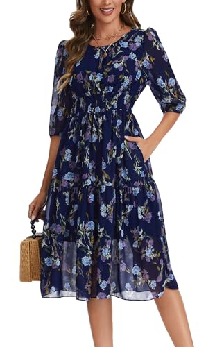 Image of Kormei Women Casual Boho Floral Round Neck 3 /4 Sleeve Smocked Waist Tiered A Line Flowy Swing Midi Dress Long Dresses