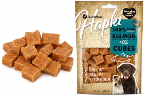 Snacks para Perros - Hapki Cubos de salmón y Bacalao - Sin Gluten - Sin Cereales - 85 g - Flamingo
