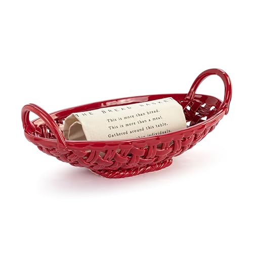 DEMDACO Gather 'Round Holiday Rosy Red 16 x 11 x 6 Inch Earthenware, 100% cotton Decorative Woven Look, Christmas Serving Entertaining Dish, Oval, Bread Basket With Towel 2 Piece Set