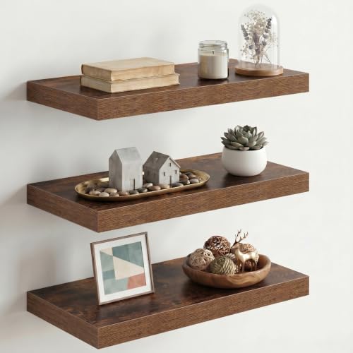 Image of Fun Memories 10 inch Deep Floating Shelves with Invisible Brackets, 20 inch Wall Shelves for Bathroom Bedroom Living Room, Modern Rustic Shelves for Home Decor, 20 inch W x 10 inch D x 1.5 inch H, Set of 3, Brown