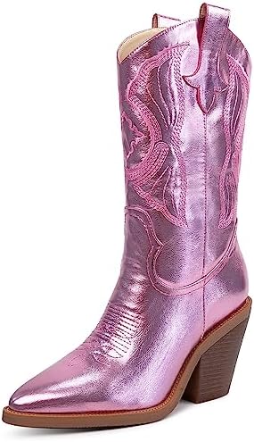 ISNOM Pink Cowboy Boots for Women Cowgirl Boots for Women Western Boots Women Knee High Cowboy Boots for Women Knee High Western Boots for Women Tall Cowboy Boots Women Wide Calf Cowboy Boots Women Cowgirl Boots