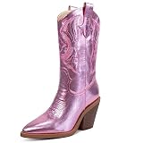 ISNOM Pink Cowboy Boots for Women Cowgirl Boots for Women Western Boots Women Knee High Cowboy Boots