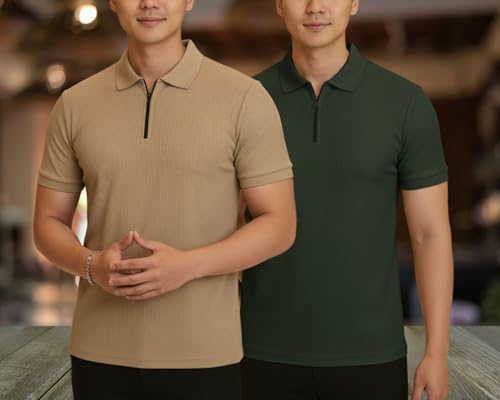 Image of MACK JONNEY Men's Cotton Self Design Polo T-Shirts | Front Half Zipper | Pack of 2 | Multicolour