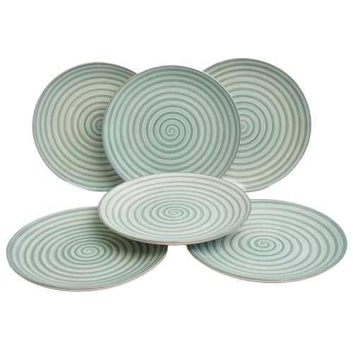 Image of Freakway Hand-Painted 'Sea Swirls' Stoneware Dinner Plates 10.2 Inch Set of 6 Pieces Serving Plate Thali Ceramic Plates for Dinner | Microwave & Dishwasher Safe | Green