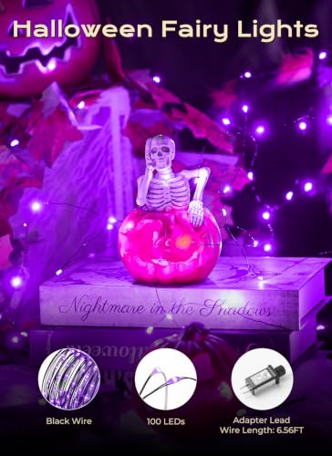 Image of Halloween Fairy Lights Plug in, 33Ft 100LEDs Purple Fairy Lights, Waterproof Flexible Black Wire String Lights for Bedroom Home Party Ghost Haunted House Indoor Outdoor Halloween Decorations, Purple