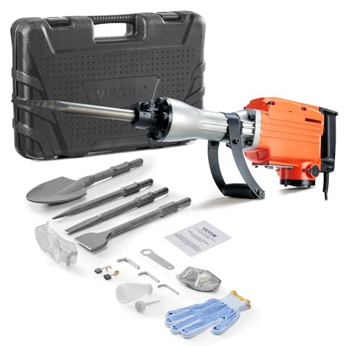 VEVOR Martillo Demoledor Eléctrico 2200 W 1350 BPM, Potencia de Impacto 66 J, Martillo Perforador, Mango Antivibración, con 4 Cinceles Reemplazables, Máquina de Demolición para Construcción Obras