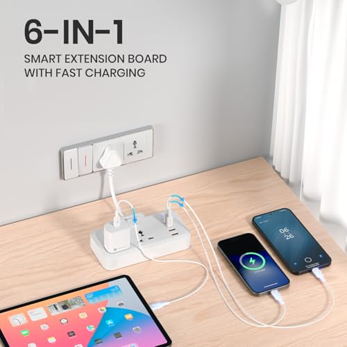 Image of Portronics 2500W Power Plate Plus 6-in-1 Power Extender, 2 Universal Sockets & 4 USB Ports, Individual Switches, 180 Flexible Cord, Child Safety Shutters, for Home, Office, Laptops, 6A /10A Appliances