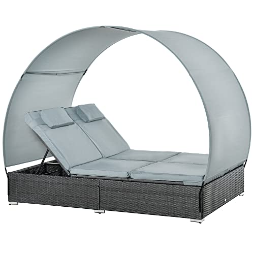Outsunny Poly Rattan Doppelliege Sonnenliege für 2 Personen mit Sonnendach...
