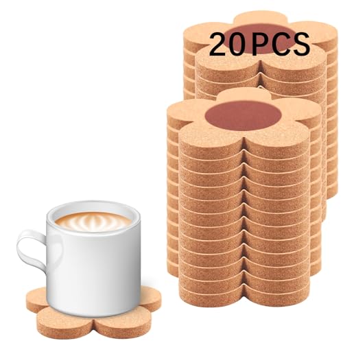 20 PCS Flower Cork Coaster for Drinks, Absorbent and Reusable Non-Slip Heat Resistant Coffee Coasters, 100% Natural Cork 4 inch Flower Shape Farmhouse Rustic Wood Drink Coasters