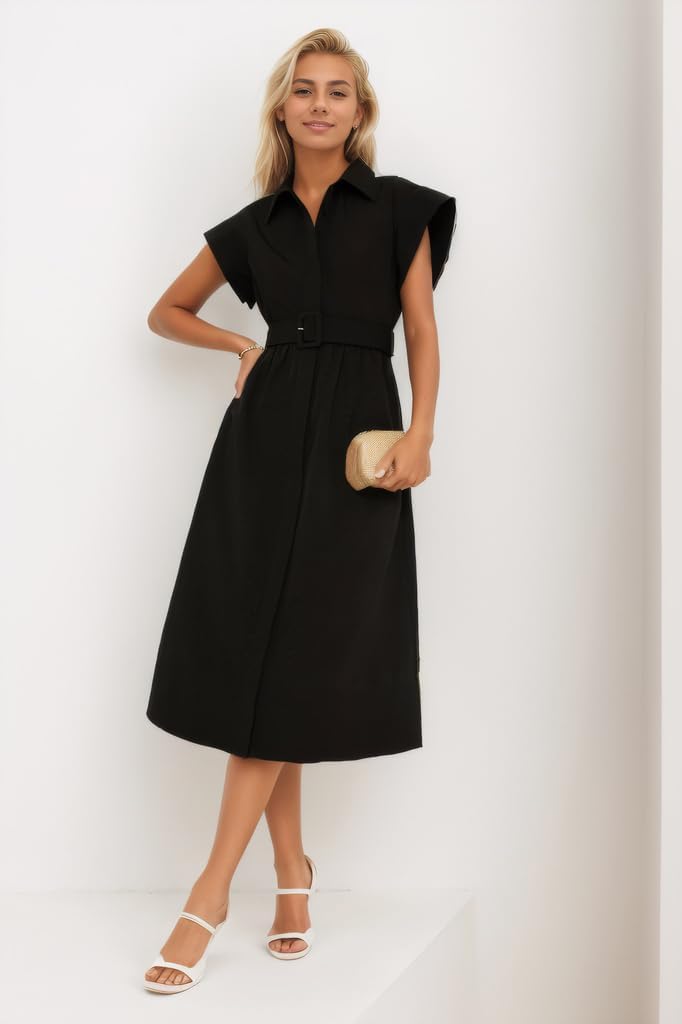Ladyful Women Casual Button Down Shirt Dress Short Wing Sleeve Buiness Midi Shirt Dress with Belt Elegant Dress