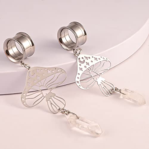 Doearko 2Pcs Mushroom-Pendant Natural Stone Hypoallergenic Stainless Steel Dangle Ear Plugs Tunnels Ear Gauges Stretcher Pair Selling 2G 0G Piercing Body Jewelry (19Mm(3/4"), Silver) #TOP2