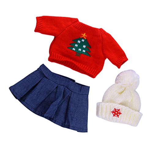 MagiDeal Suéter Rojo Top Falda Azul Sombrero Set de Ropa para 18 Pulgadas Muñeca