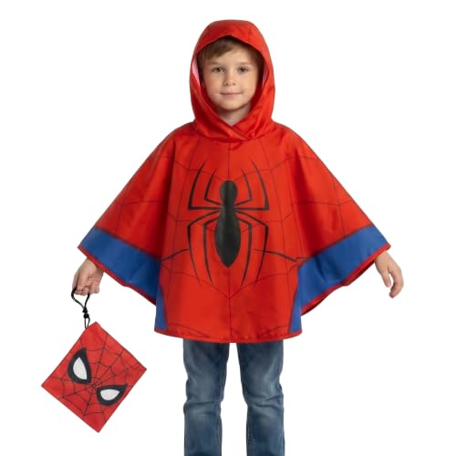 Image of Marvel Spiderman Kids Rain Poncho, Waterproof Hooded - Officially Licensed | Portable Storage Pouch, 100% Polyester, Pullover Style, Spider-Man Character Design, Raincoat for Boys Ages 5-10 Years