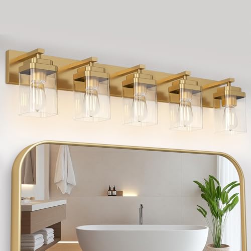 Image of Brushed Gold Bathroom Light Fixtures, 5 Lights Bathroom Lighting Fixtures Over Mirror, Square Design & Rectangle Large Backplate, Modern Vanity Lighting Fixtures, for Living Room /Bedroom