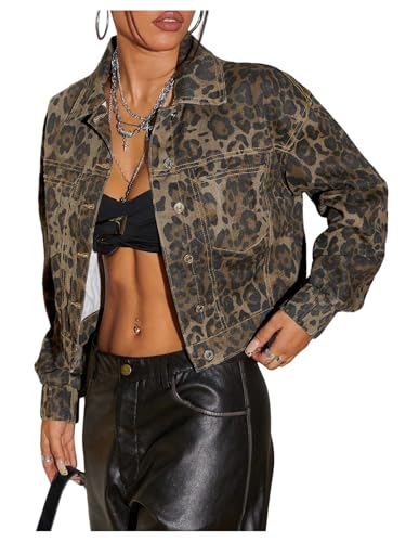 Floerns Women's Leopard Denim Jacket Long Sleeve Button Up Boyfriend Jean Jacket Coat