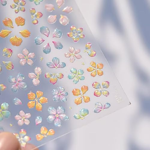 Image of Flower Nail Stickers for Nail Art Colorful Spring Summer Floral Nail Decals 5D Embossed Self Adhesive with Design Five-petaled Flowers Nail Charm for Women Girls Kid Manicure Supplies Accessories