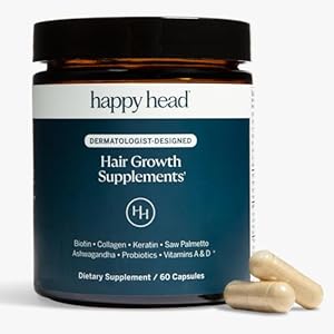 Happy Head Hair Growth Supplement for Men and Women – Thicker, Fuller Hair with Saw Palmetto, Ashwagandha, Biotin, Collagen, Keratin, Probiotics & Vitamins A & D – One Month Supply – 60/ct