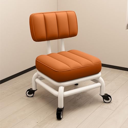 HADECOLL Taburete Giratorio Corto De Cuero con Respaldo, Silla Ergonómica para Casa, Oficina Y Garaje, Estructura De Metal con Ruedas Giratorias De 360 Grados, Color Naranja.