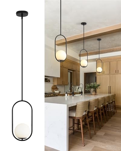 Yunnix 1-Light Modern Black Globe Pendant Lights Kitchen Island | Milk Glass Hanging Lamp for Kitchen Island, Dining Room, Bedroom, Living Room (Bulb Not Included)