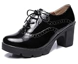 DADAWEN Women's Classic T-Strap Platform Mid-Heel Square Toe Oxfords Dress Shoes Black US Size 8.5
