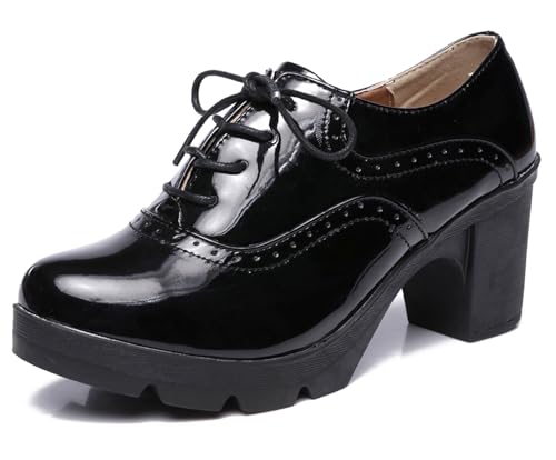 DADAWEN Women's Classic T-Strap Platform Mid-Heel Square Toe Oxfords Dress Shoes Black US Size 6.5