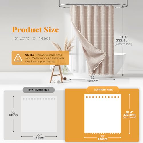 Image of BTTN 3 in 1 Shower Curtain with Liner, 90 Extra Long Boho Linen Cloth Shower Curtain Set with Hook, Tall Farmhouse Bohemian Country Waterproof Fabric Shower Curtain for Bathroom, Taupe, 72x90