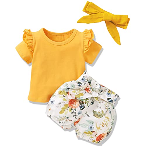 Patpat Baby Girl Clothes Short Sleeve T-Shirt Top And Bowknot Short Set Cute Baby Girl Outfits Yellow 3-6 Months #TOP14