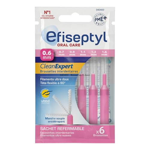 Efiseptyl - Brossettes Interdentaires Clean Expert 0,6mm - Sachet Refermable - Avec Traitement Antibactérien - Sachet de 6 Brossettes