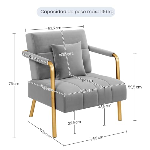 Sofá individual con reposabrazos sillón gris claro moderno patas metal Yaheetech 4